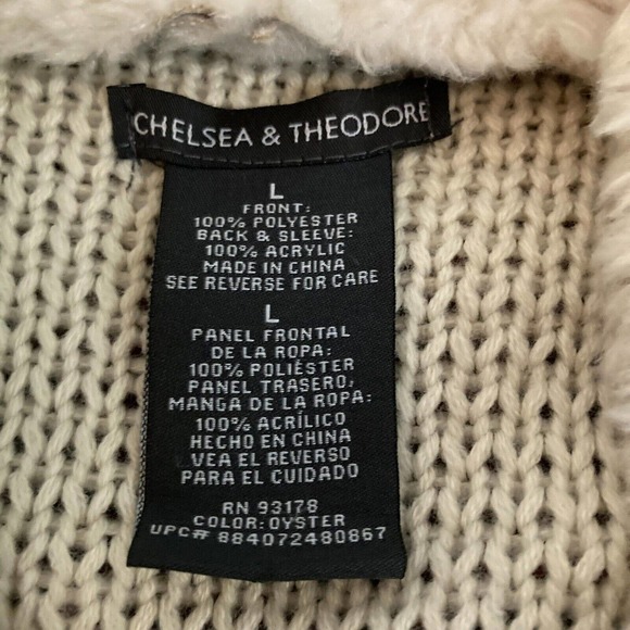 Chelsea & Theodore Cardigan Sz L Ivory Faux Suede Sherpa Shawl Collar Knit - Picture 5 of 8